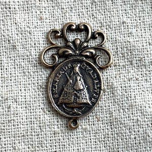 Antique Reproduction Bronze Rosary Connector, Guadalupe and St. Jerome of Werden, 1 1/4&quot; x 5/8&quot;, religious