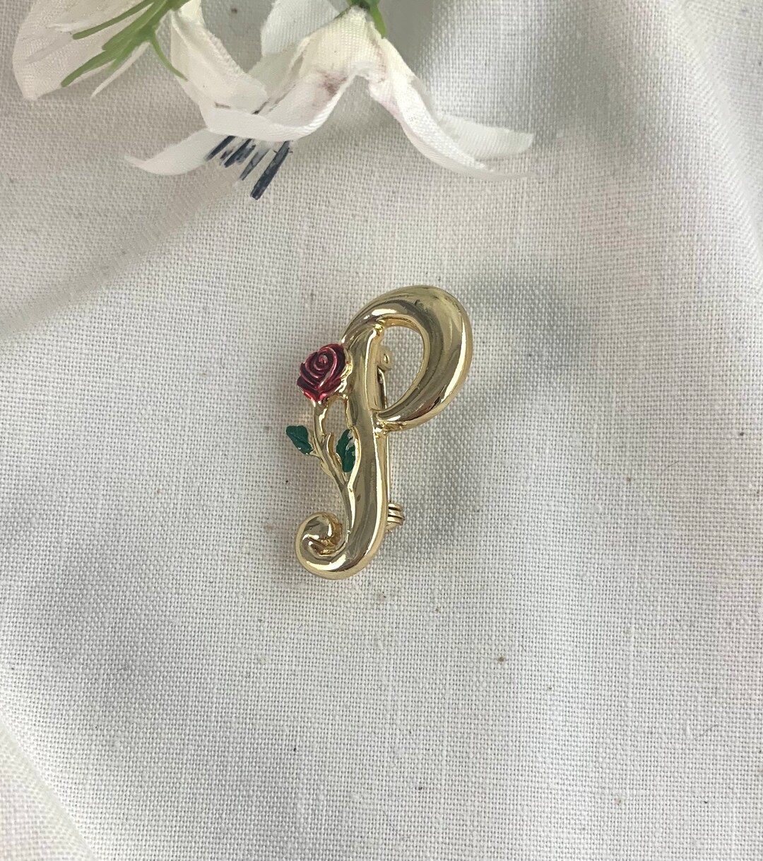 Vintage Initial P Brooch by L Razza, Gold Tone With Red Rose - Etsy