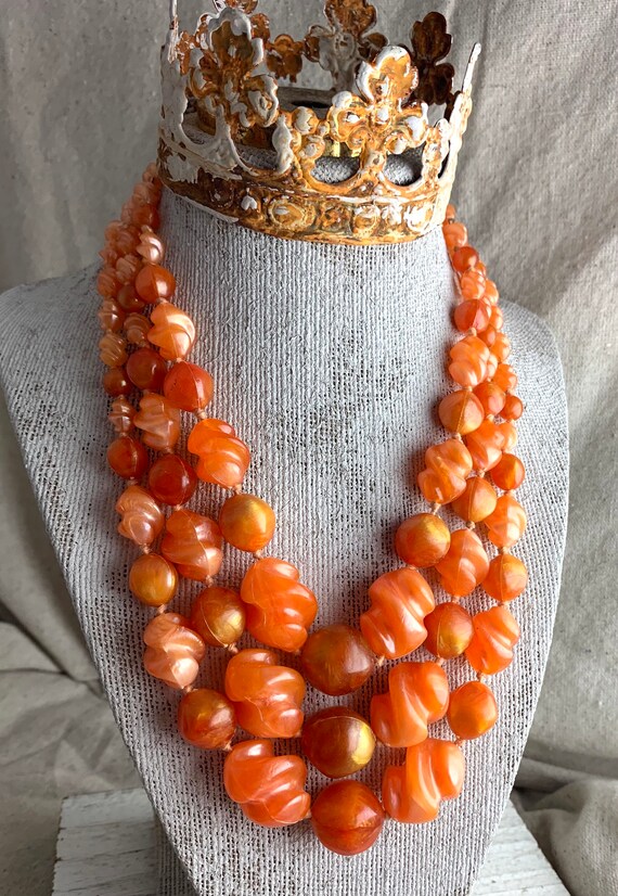 Vintage Three Strand Red Plastic Leaf And Flower Necklace