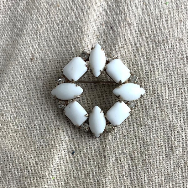 Antique Milk Glass and Rhinestone Brooch, 1 1/2" diameter, gold tone base metal, open back settings, unbranded