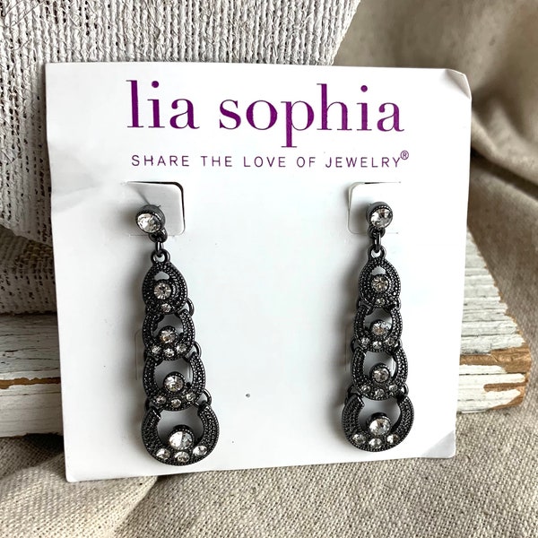 Lia Sophia Gun Metal Filigree and Rhinestone Earrings, 2" x 1/4", new old stock, (NOS)
