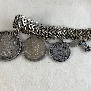 Vintage Sterling Silver Charm Bracelet, coins, Mexico, 81 grams