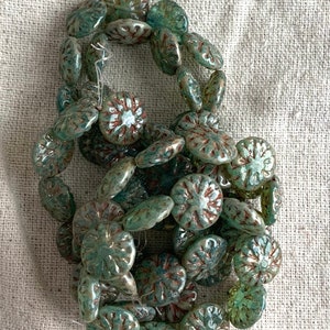 Czech Glass Dahlia Beads in Sea Green with Picasso and a Red Wash, 14 mm, 1 mm hole, 10 beads per strand