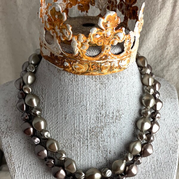 Vintage Faux Baroque Pearl Necklace from Hong Kong, shortest strand 12" with 3" extender, brown tones, silver tone base metal, marked