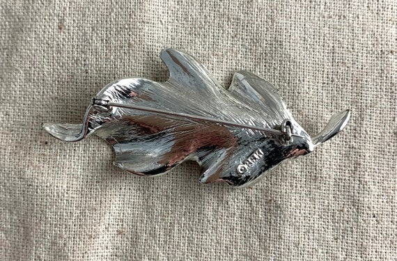 BSK Leaf Brooch, 3" x 1 1/2", silver tone base me… - image 2
