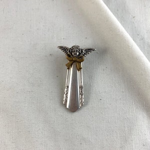 Flatware Angel Brooch, 1 7/8&quot; x 1 1/8&quot;, silver tone base metal, bronze accent, vintage, lapel pin, unbranded