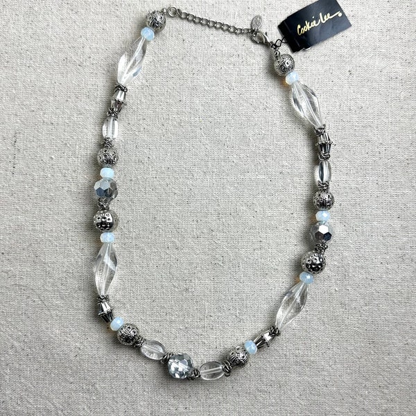 Cookie Lee Beaded Necklace, 18" long, 2 1/2" extender, 8 - 14 mm plastic beads, silver tone base metal, original tag