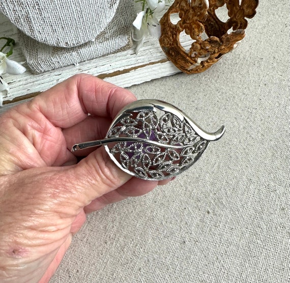 Filigree Leaf Brooch, 2 7/8" x 1 1/2", silver ton… - image 3