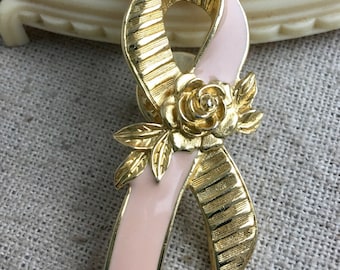 Avon Better Breast Care Pink Ribbon Pin, rose, gold tone, enamel, vintage, 1993, 2" x 3/4"