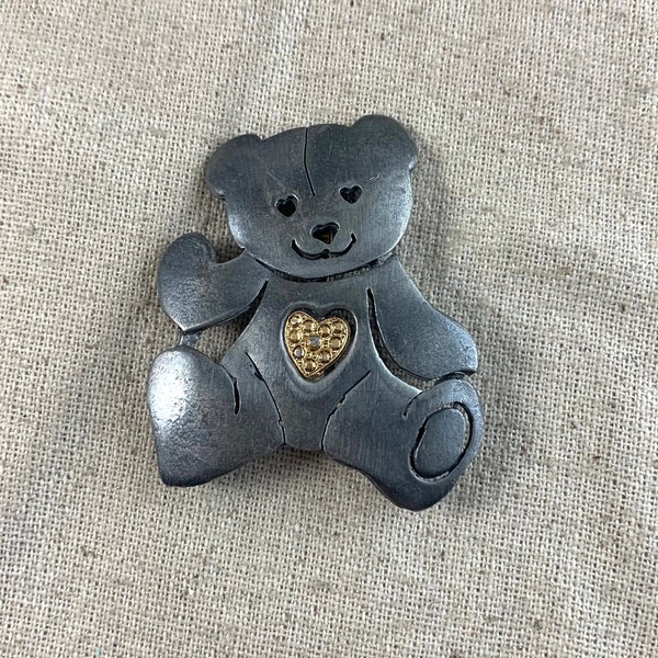Ultra Craft Teddy Bear Brooch, 2" x 1 3/4", pewter tone base metal, gold tone heart, vintage, signed