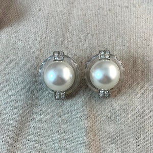 Kenneth Lane Faux Pearl Clip on Earrings, 1 5/8&quot; x 1&quot;, silver tone base metal, rhinestone accents, vintage, signed