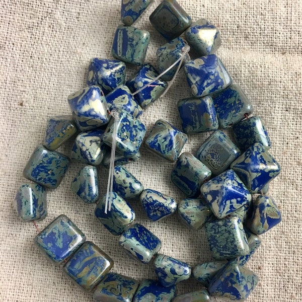 Czech Glass Stud Beads in Cobalt Blue with Heavy Picasso, 12 mm x 8 mm, double drilled 1 mm hole, 15 beads per strand