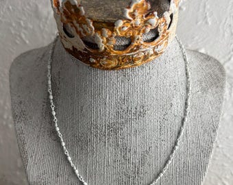 Monet White Chain Necklace, 15" long, 2 mm wide, fish lure style, gold tone bas metal spring ring, vintage, signed