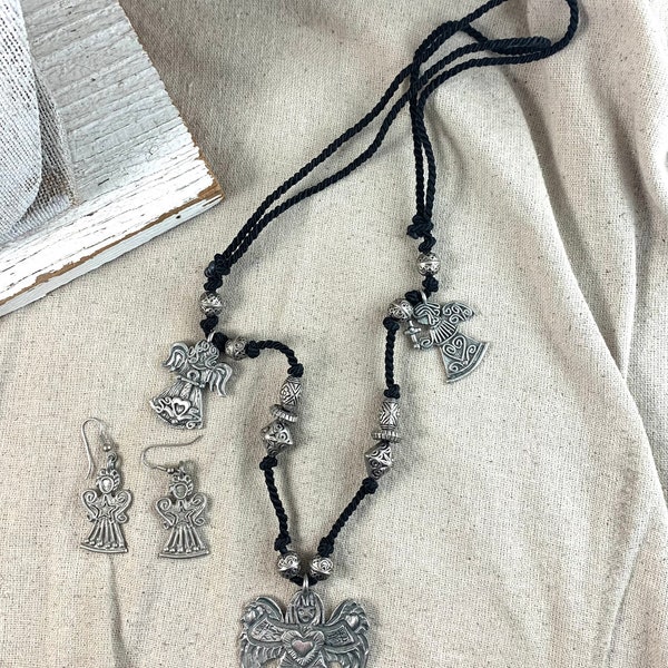 Marcie Pewter Angel Necklace and Earring Set, 28" overall, 1 3/8" x 3/4" earrings, Faith Hope, and Charity, vintage, signed