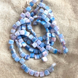 Czech Glass Square Beads in White with Blue and Pink, 6 mm, TWO 1 mm holes, 25 beads per strand
