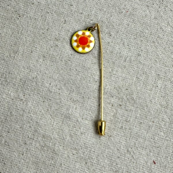 BW Enamel Sun Charm Stick Pin, 2 1/2" long, 1/2" diameter charm, gold tone base metal, signed