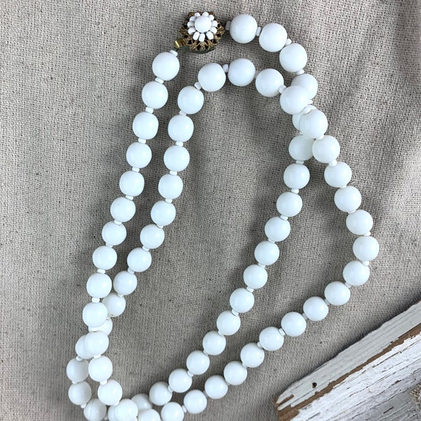 Miriam Haskell Milk Glass Bead Necklace, 30" long, 10 mm beads, white seed bead spacers, vintage, signed