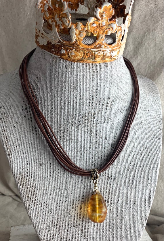 Lia Sophia Glass Orange Bead and Leather Necklace… - image 2