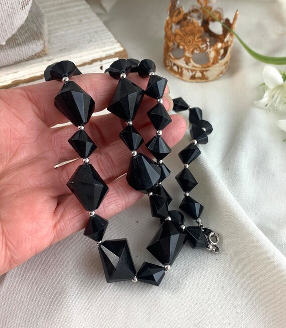 Trifari Black Plastic Bead Necklace, 24" long, 12… - image 3