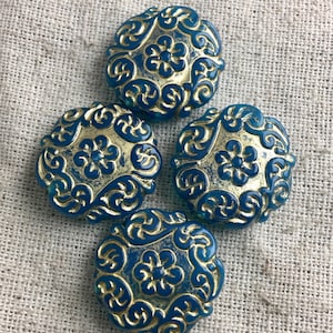 Acrylic Blue with Gold Capri Coin Beads, 22 mm, 2 mm hole, textured, 4 pieces per lot