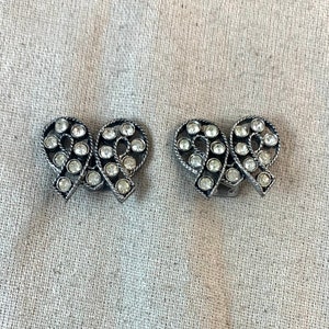 Musi Rhinestone Bow Shoe Clips, 1 1/8&quot; x 7/8&quot;, silver tone base metal, heart shape, vintage, signed