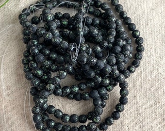 Czech Glass Round Druk Beads in Black and Mantis with Etched Finish, 6 mm, 1 mm hole, 30 beads per strand