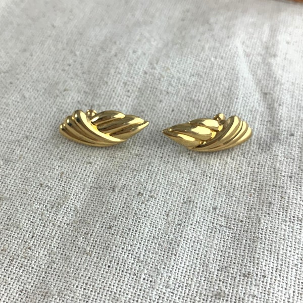 Monet Post Back earrings, 1" x 3/8", crossover design, gold tone base metal, vintage, signed