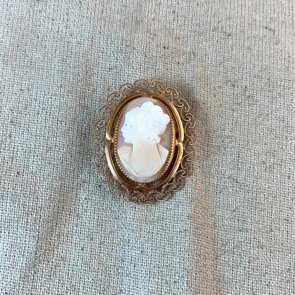 Vintage Filigree Cameo Brooch / Pendant, 1 1/2" x 1 1/4", 1/4" bail with 2 mm opening, gold filled, rose gold tone, marked 1/20 12 KT GF