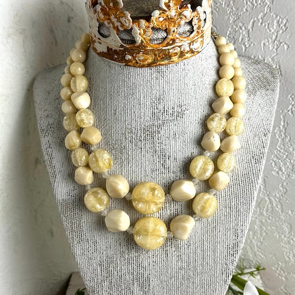 Coro Two Strand Bead Necklace, shortest strand 12" long, 3" extender, beige plastic beads, gold tone base metal, signed on hook