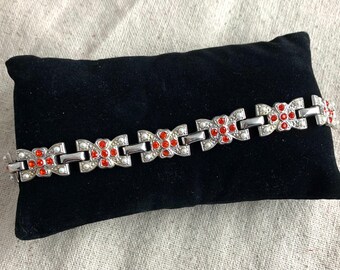 Coro Orange Rhinestone and Faux Pearl Pot Metal Bracelet, 7" long, 1/4" wide, silver tone, early Coro, signed