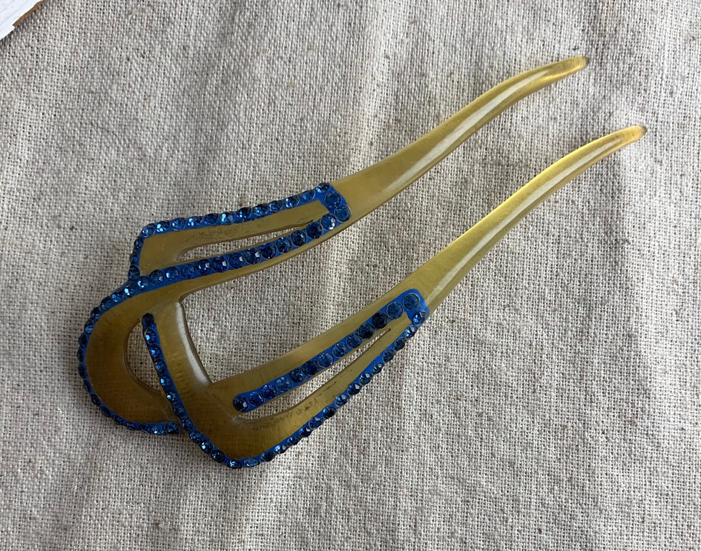 Vintage Celluloid Hair Comb w/ Blue Rhinestones Art Deco Celluloid Hair Comb Teal Blue Sapphire Rhinestones  main image 3