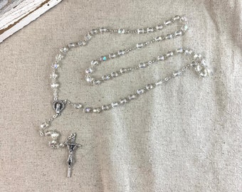 Rosary, 6 mm clear glass beads, AB finish, silver tone base metal 19" end to end, Italy, vintage to contemporary