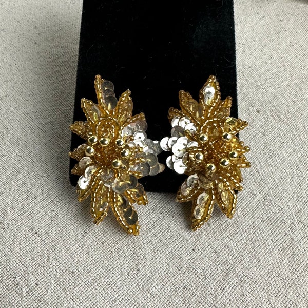 Golden Beaded and Sequined Post Back Earrings, 2 3/8" x 1 1/4", retro 1980's