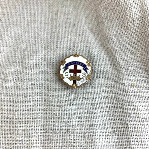 Leavens Company Baptist Brooch, 3/4&quot; in diameter, gold tone base metal, enamel front, vintage, signed
