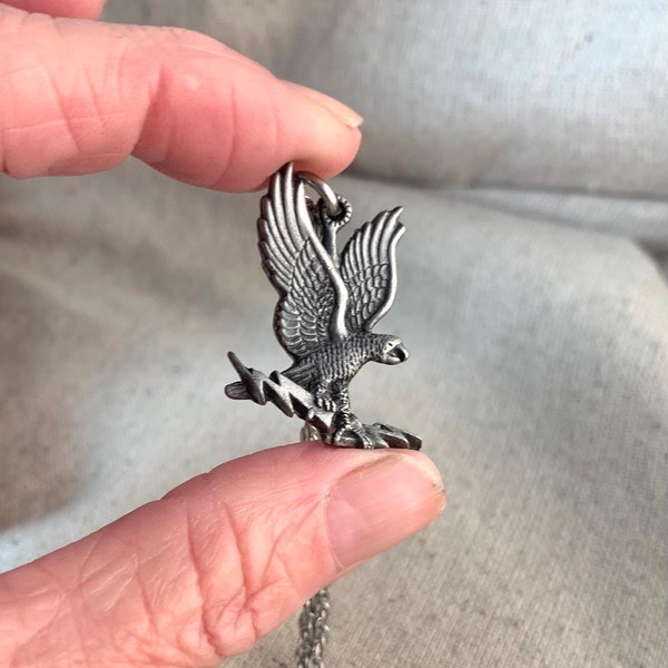 Gish Pewter Eagle Pendant and Chain Necklace, 18" chain, 1 7/8" x 1" pendant, 7 mm ring, vintage, signed