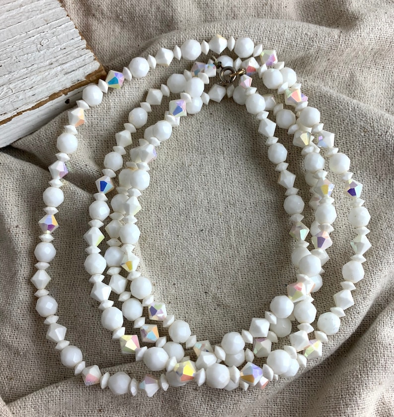 AB finish 52 long Vintage White Faceted Glass Bead Necklace spring ring closure