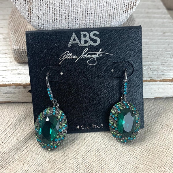 ABS by Allen Schwartz Earrings, 1 3/4" x 1/2", black metal, green faceted glass, blue and smoke accents, signed