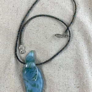 Glass Pendant and Seed Bead Necklace, 2 7/8&quot; x 1&quot; pendant, 16&quot; seed bead section, 2 mm seed beads, blue and green, vintage, unbranded