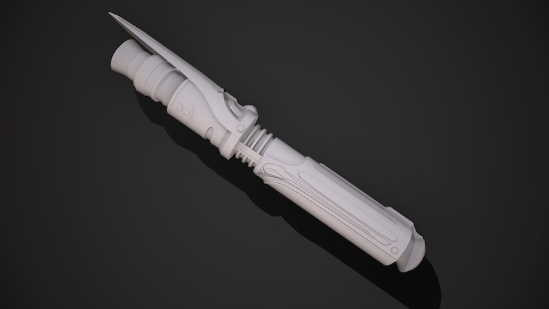 May include: A white lightsaber with a detailed design and a black handle. The lightsaber is in a deactivated state.