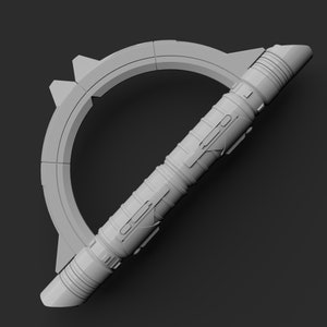 May include: A white, 3D printed lightsaber with a circular handle and a long, straight blade. The handle has a textured surface and a series of ridges.