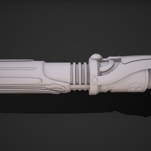 May include: A white 3D model of a lightsaber with a detailed handle and a blade that is not visible.