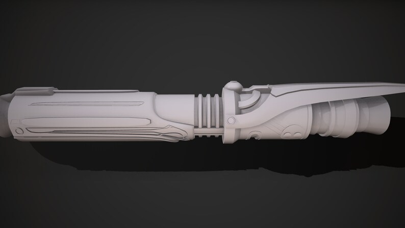 May include: A white 3D model of a lightsaber with a detailed handle and a blade that is not visible.