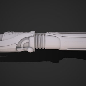 May include: A white, futuristic-looking weapon with a long, cylindrical barrel and a blade at the front. The weapon has a series of grooves and ridges along the barrel, and a small, round handle at the back.