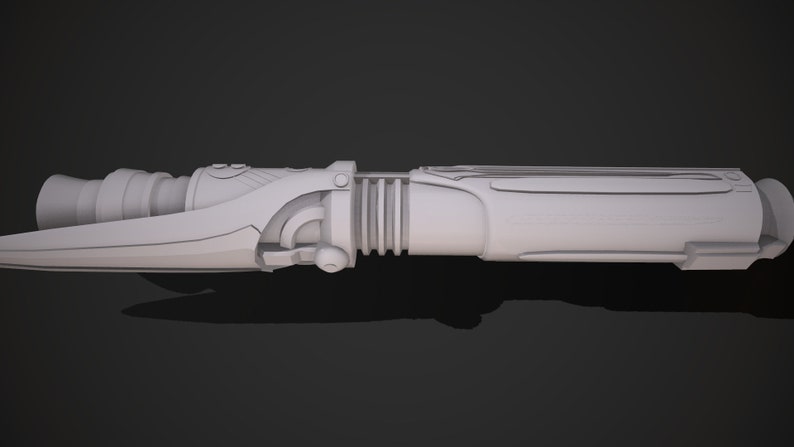 May include: A white, futuristic-looking weapon with a long, cylindrical barrel and a blade at the front. The weapon has a series of grooves and ridges along the barrel, and a small, round handle at the back.