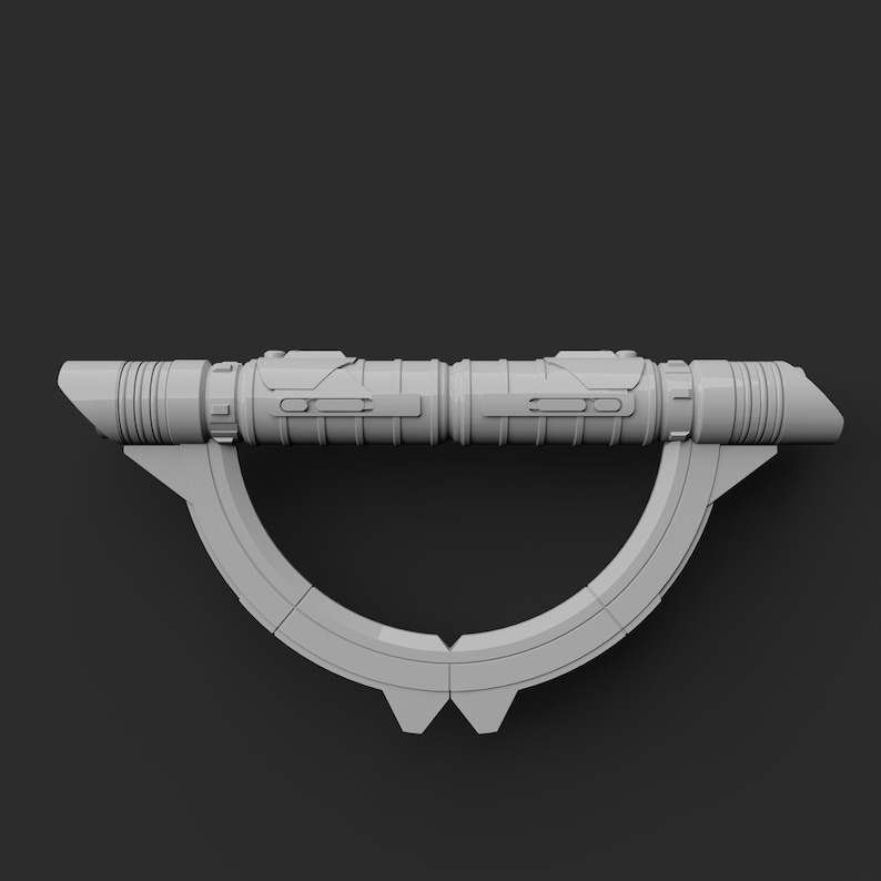 May include: A gray lightsaber with a curved stand. The lightsaber has a black handle and a silver blade.