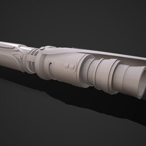 May include: A white lightsaber with a detailed design and a retractable blade. The lightsaber has a cylindrical handle with a textured surface and a black button.