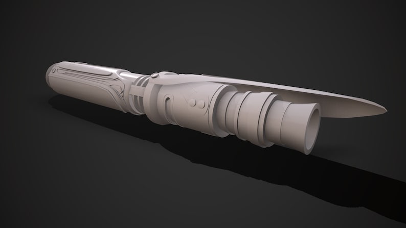 May include: A white lightsaber with a detailed design and a retractable blade. The lightsaber has a cylindrical handle with a textured surface and a black button.