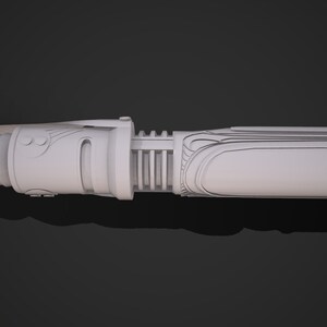 May include: A white lightsaber with intricate details and a black handle. The lightsaber is a popular prop in science fiction.