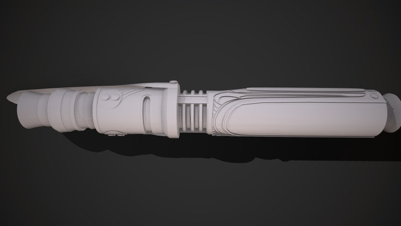 May include: A white lightsaber with intricate details and a black handle. The lightsaber is a popular prop in science fiction.