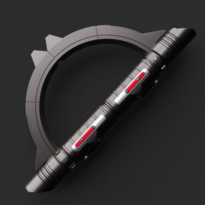 May include: A black lightsaber with a circular handle and red lights. The lightsaber is in a curved position.